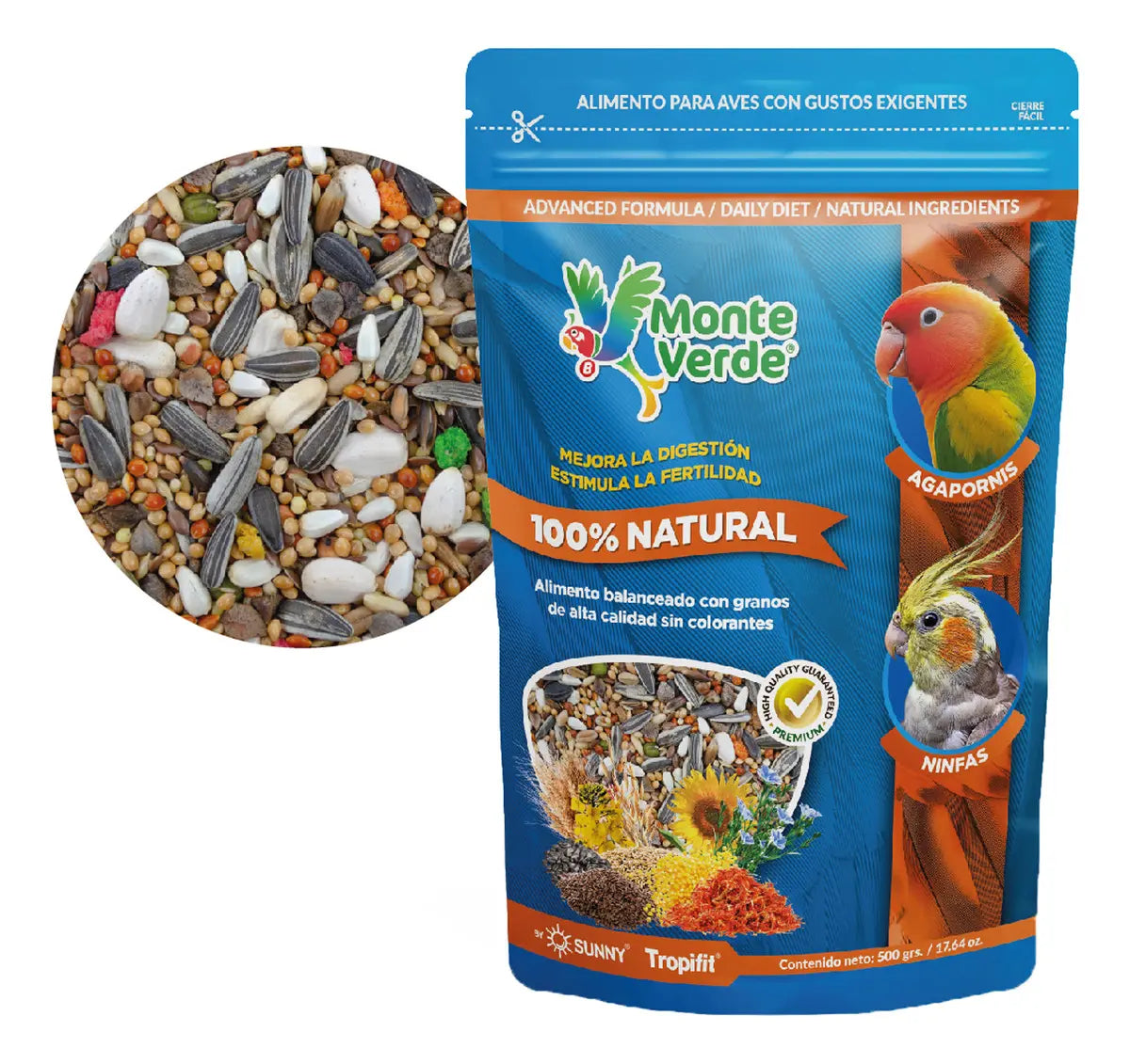 ALIMENTO IMPORTADO MONTE VERDE PARA NINFAS Y AGAPORNIS 500g (by SUNNY-TROPIFIT)