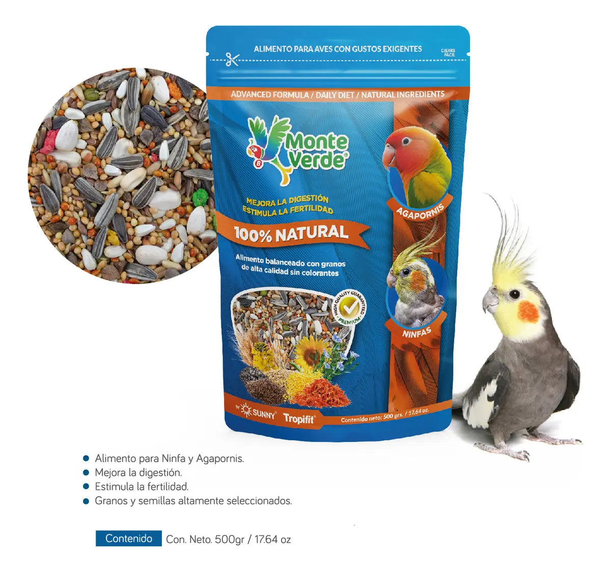 ALIMENTO IMPORTADO MONTE VERDE PARA NINFAS Y AGAPORNIS 500g (by SUNNY-TROPIFIT)