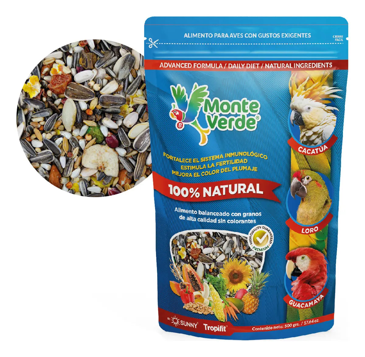 ALIMENTO IMPORTADO MONTE VERDE PARA CACATUAS LOROS Y GUACAMAYAS   500g (by SUNNY-TROPIFIT)