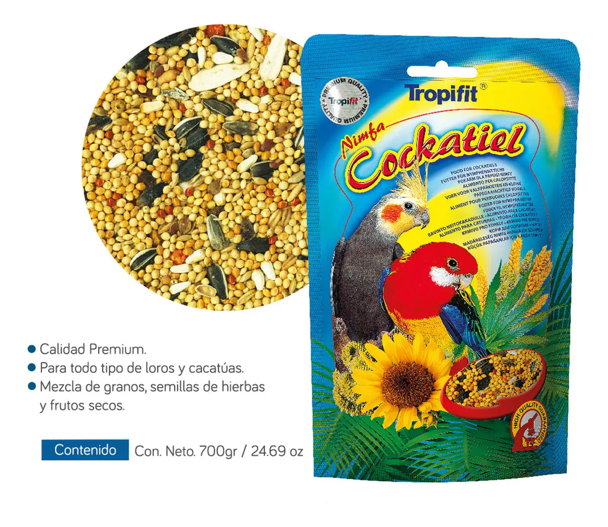 Alimento Super Premium Para Ninfas Agapornis Perico | 700g | Frutos Secos Granos Semillas Selectas | Tropifit Cockati
