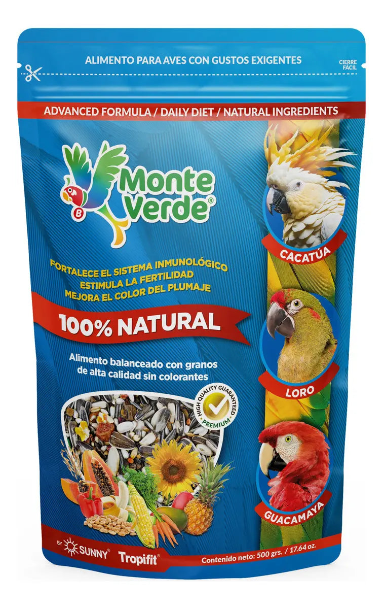 ALIMENTO IMPORTADO MONTE VERDE PARA CACATUAS LOROS Y GUACAMAYAS   500g (by SUNNY-TROPIFIT)