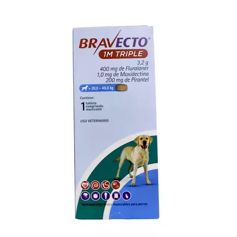 Bravecto 1M TRIPLE para Perros – Tableta Masticable de 1 Mes MSD